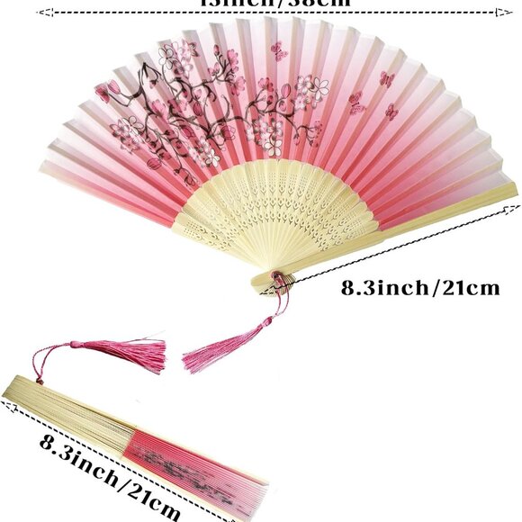 4 PCS Handheld Bamboo Fans, Chinese Silk Folding Fans with Bamboo Frames - Picture 3 of 7